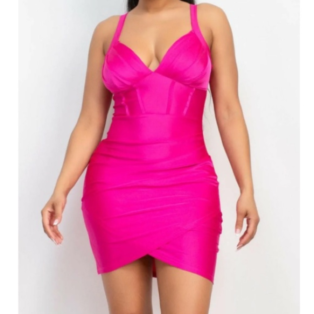 Party Plain Straps Cami Sleeveless Hot Pink Women Dress Size M